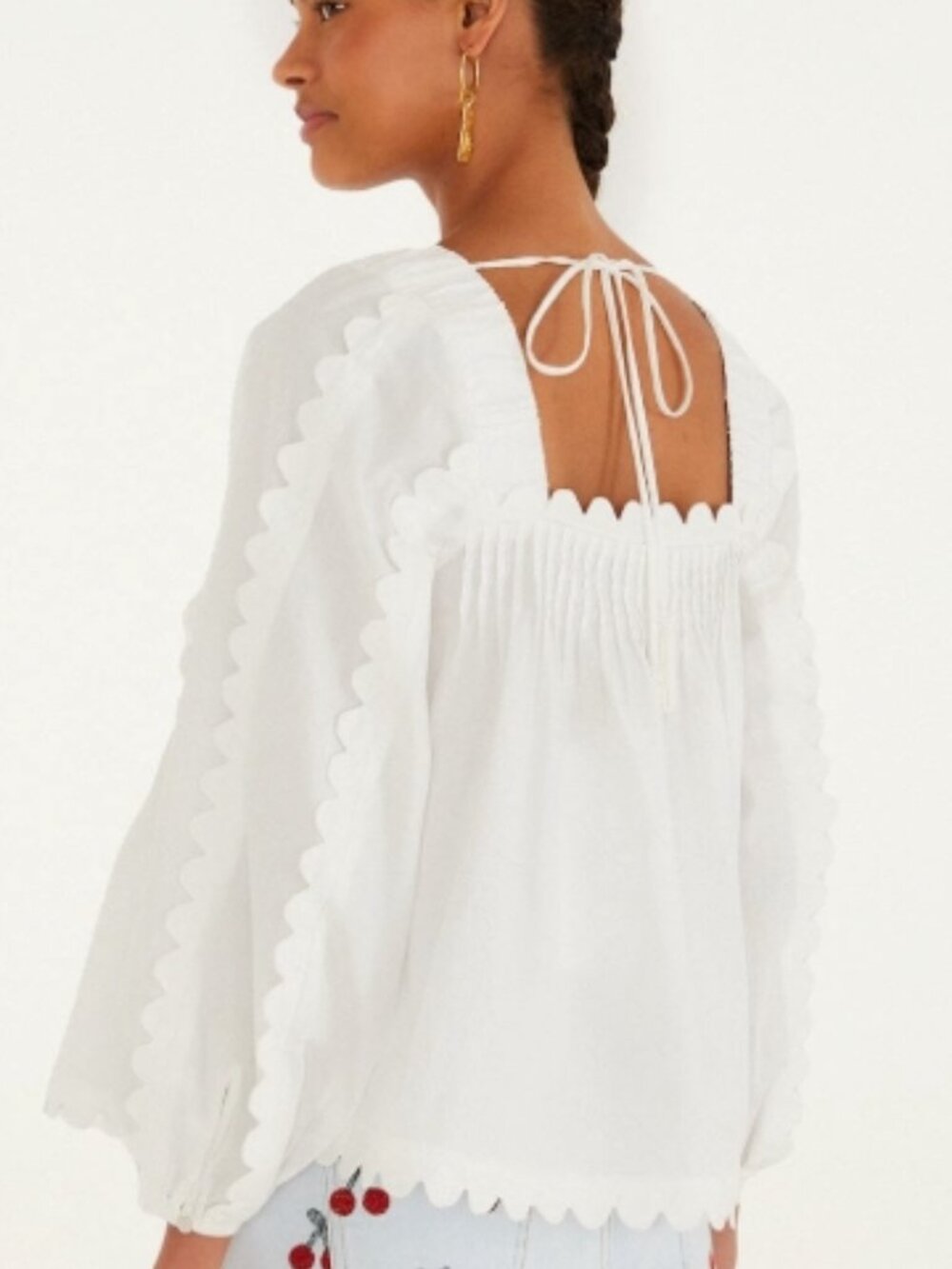 Farm Rio Off-White Long Sleeve Smocked Blouse/Top/Shirt Scalloped Size Small NWT - Picture 2 of 12